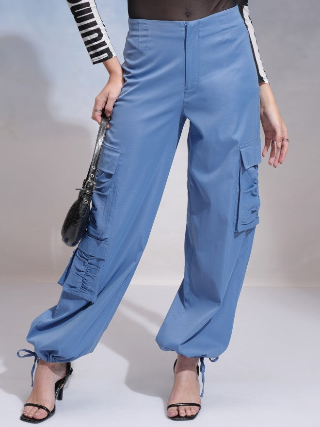 Tokyo Talkies Women Blue Solid Loose Fit Cargos - Blue - Image 1