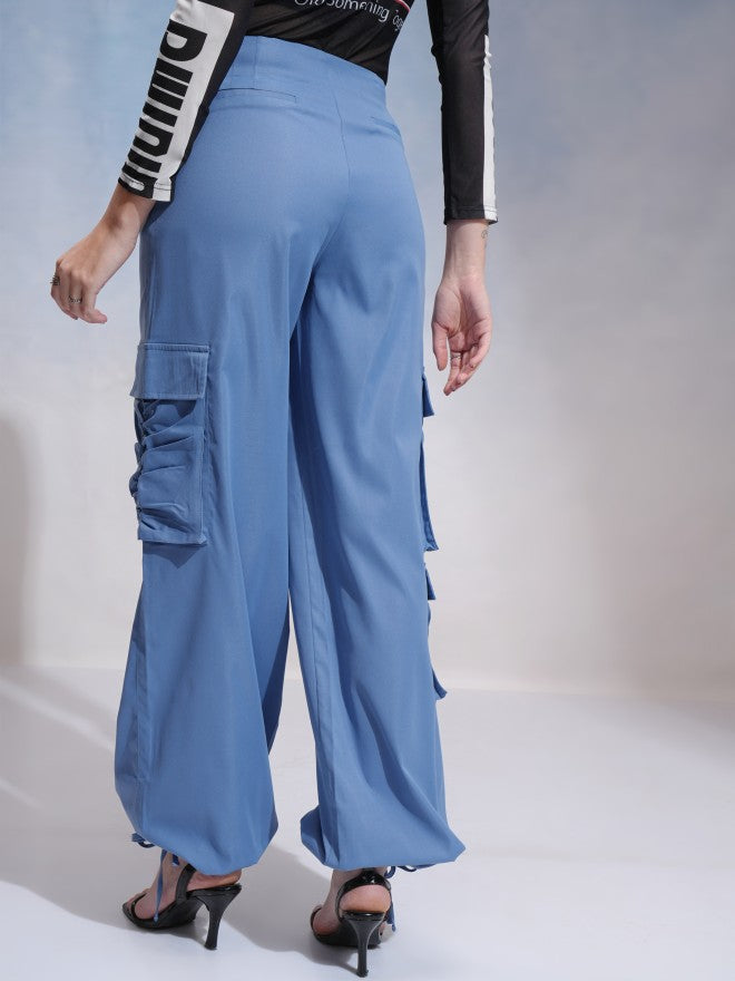 Tokyo Talkies Women Blue Solid Loose Fit Cargos - Blue - Image 3