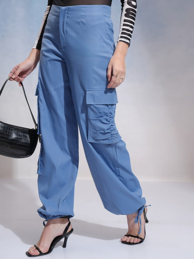 Tokyo Talkies Women Blue Solid Loose Fit Cargos - Blue - Image 4