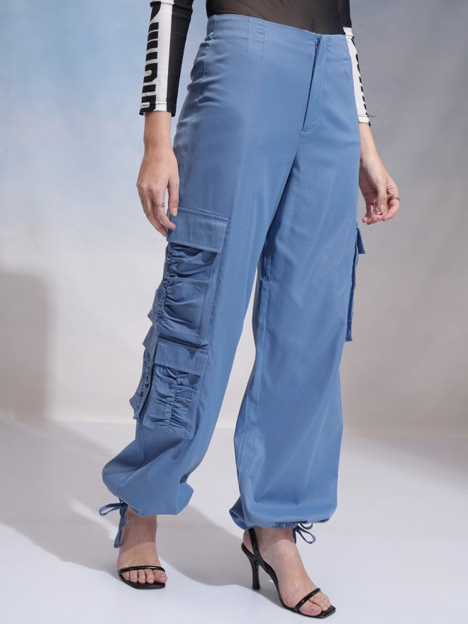 Tokyo Talkies Women Blue Solid Loose Fit Cargos - Blue - Image 6