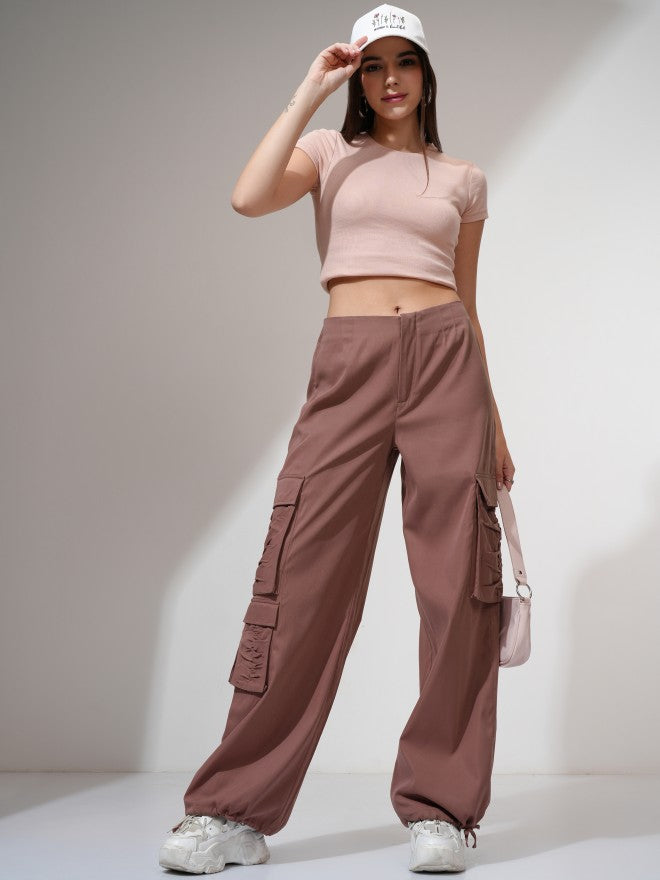 Tokyo Talkies Women Pink Solid Loose Fit Cargos - Pink - Image 2