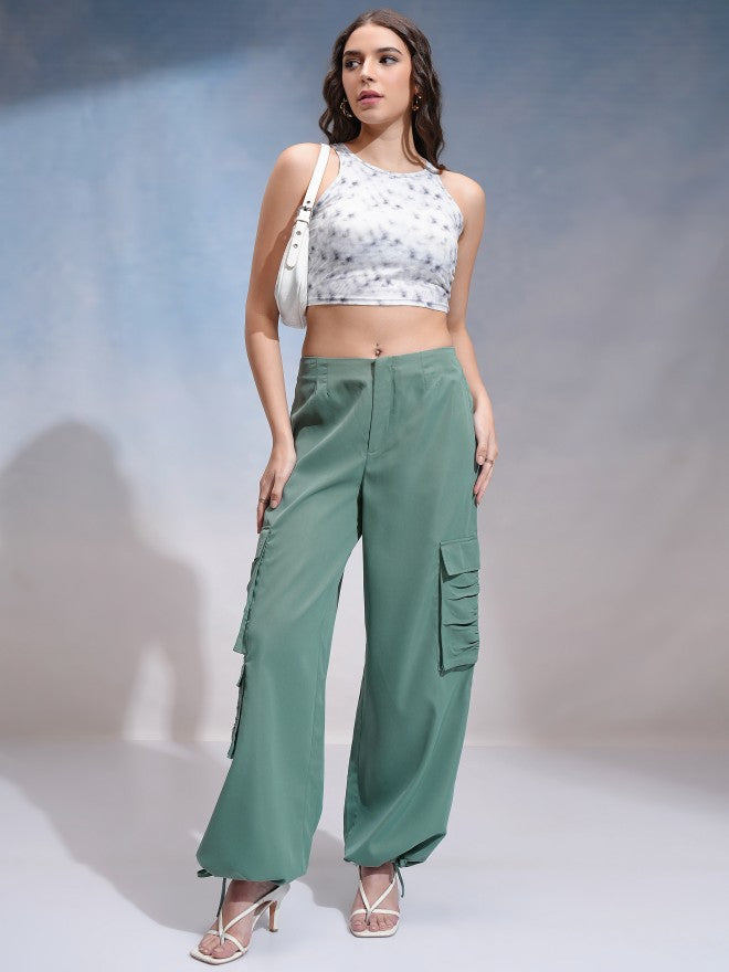 Tokyo Talkies Women Green Solid Loose Fit Cargos - Green - Image 2