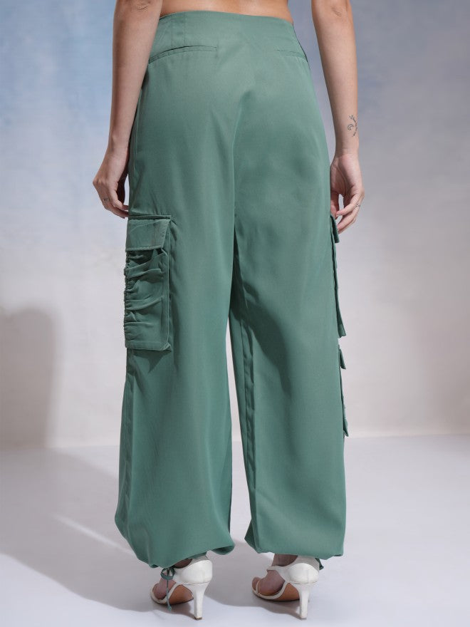 Tokyo Talkies Women Green Solid Loose Fit Cargos - Green - Image 3