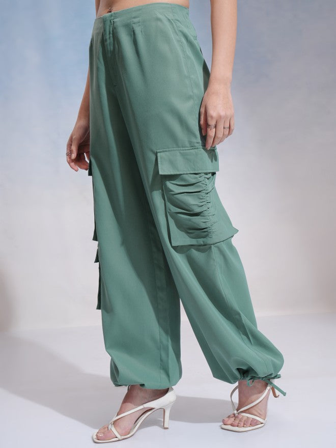 Tokyo Talkies Women Green Solid Loose Fit Cargos - Green - Image 4