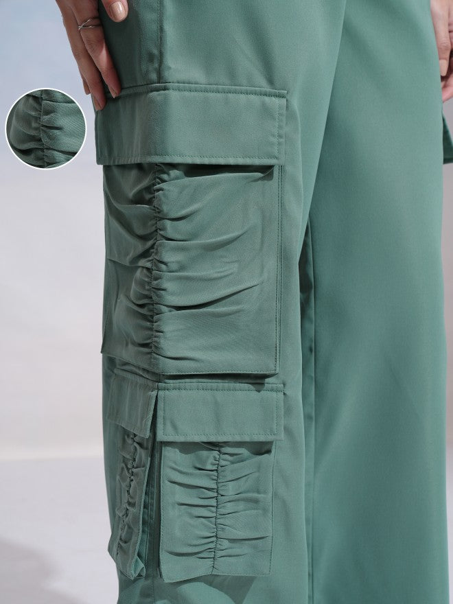 Tokyo Talkies Women Green Solid Loose Fit Cargos - Green - Image 5