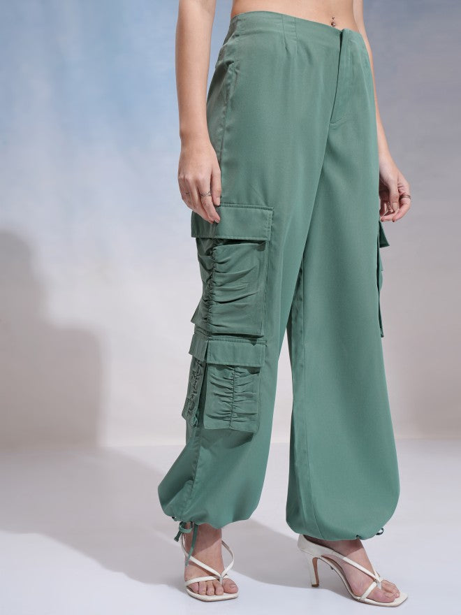 Tokyo Talkies Women Green Solid Loose Fit Cargos - Green - Image 6