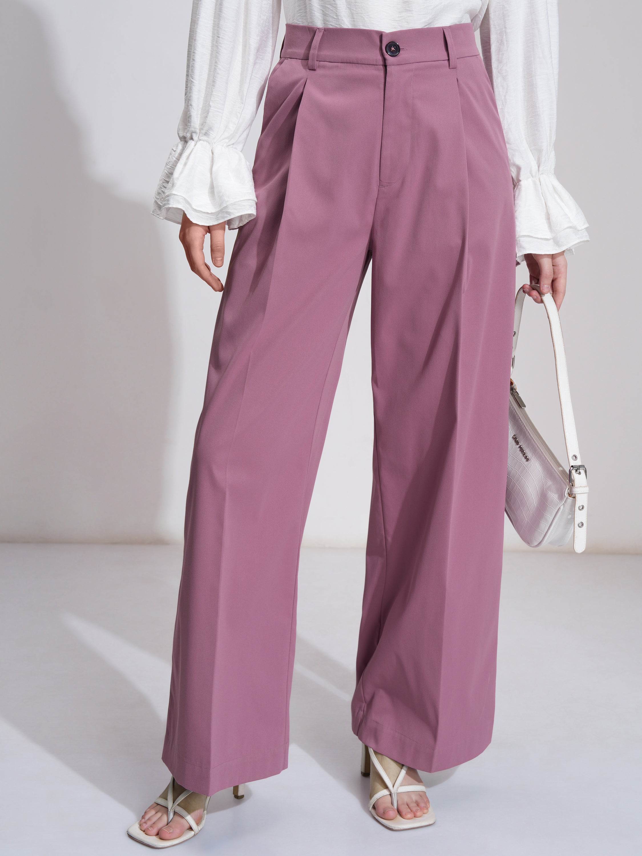 Tokyo Talkies Women Pink Solid Straight Fit Formal Trouser