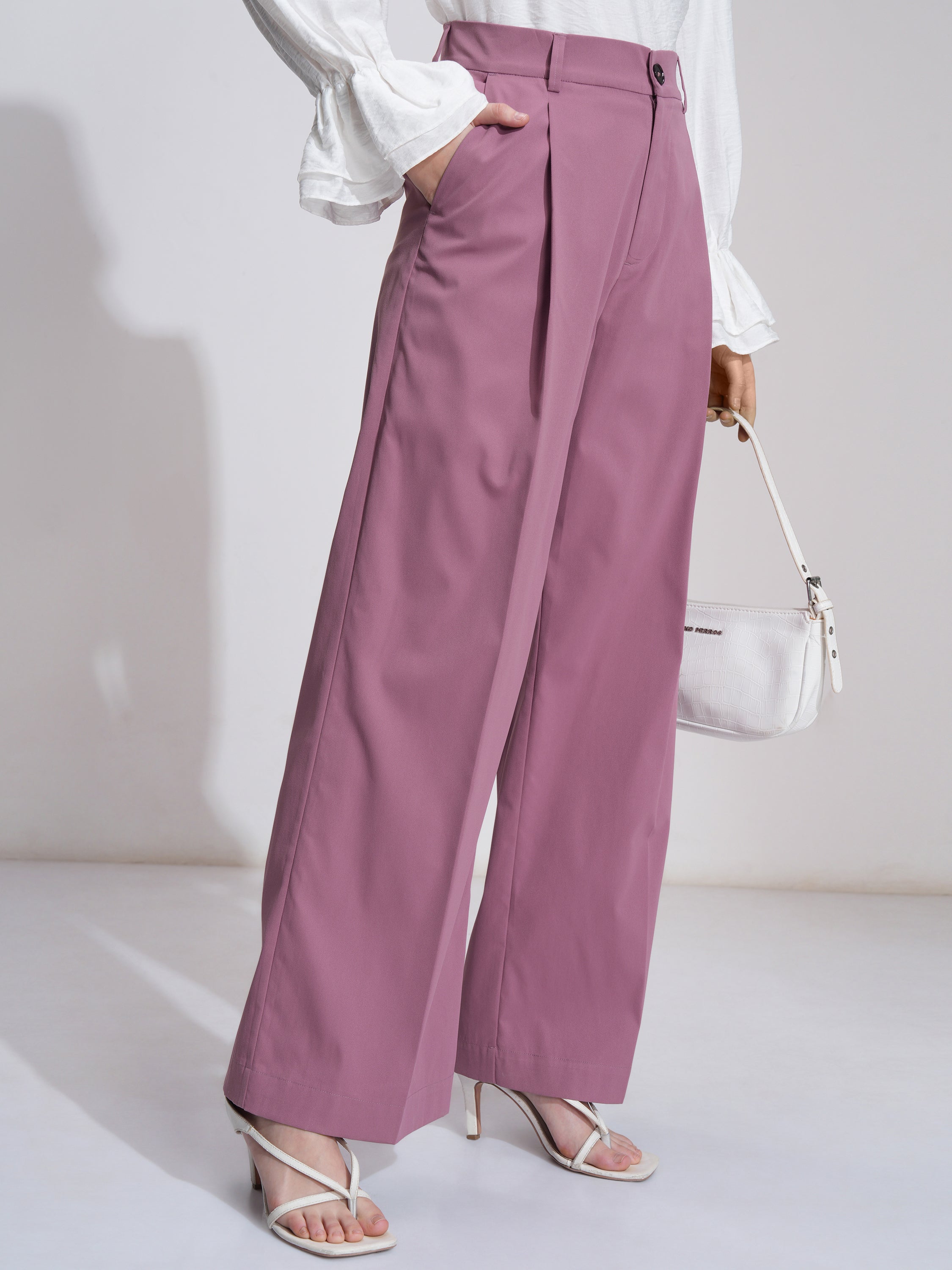Tokyo Talkies Women Pink Solid Straight Fit Formal Trouser