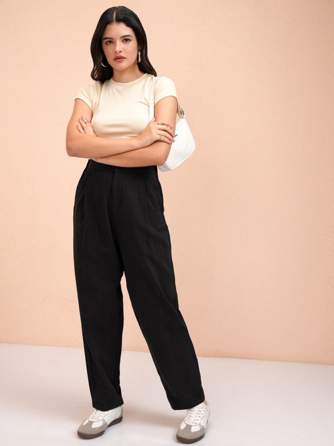 Tokyo Talkies Women Black Solid Regular Fit Casual Trouser - Black - Image 2