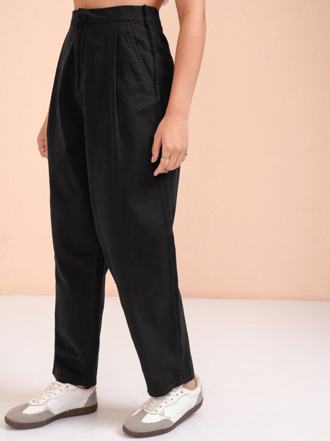 Tokyo Talkies Women Black Solid Regular Fit Casual Trouser - Black - Image 4