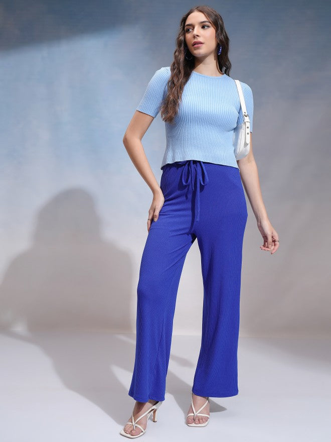 Tokyo Talkies Women Blue Solid Flared Casual Trouser - Blue - Image 2
