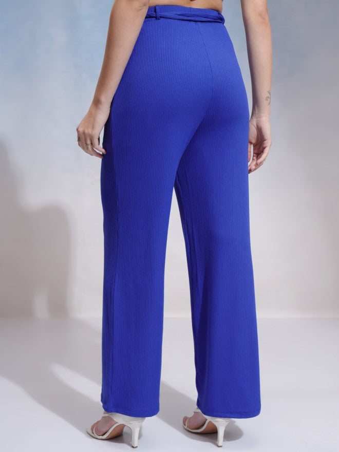 Tokyo Talkies Women Blue Solid Flared Casual Trouser - Blue - Image 3
