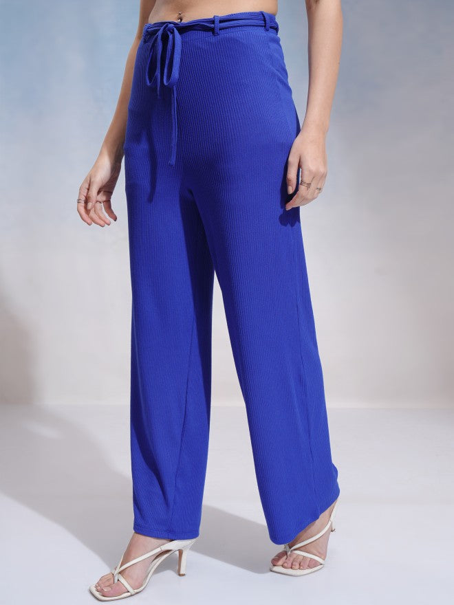 Tokyo Talkies Women Blue Solid Flared Casual Trouser - Blue - Image 4
