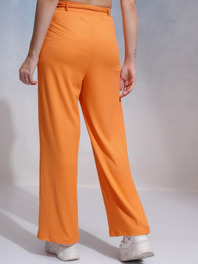 Tokyo Talkies Women Orange Solid Flared Casual Trouser - Orange - Image 3