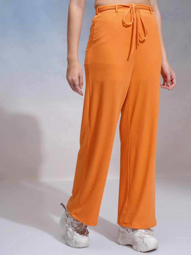 Tokyo Talkies Women Orange Solid Flared Casual Trouser - Orange - Image 6