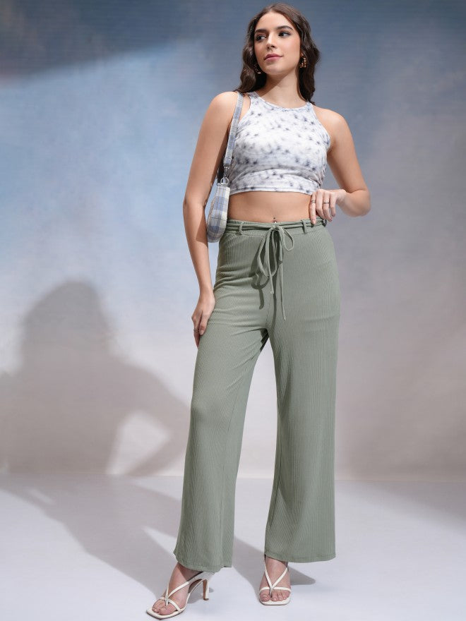 Tokyo Talkies Women Olive Solid Flared Casual Trouser - Olive - Image 2