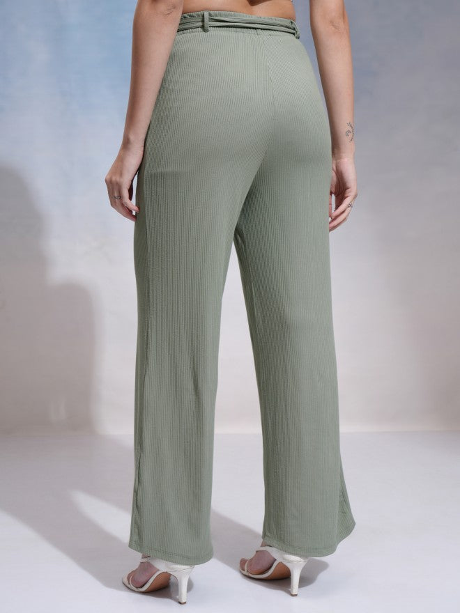 Tokyo Talkies Women Olive Solid Flared Casual Trouser - Olive - Image 3