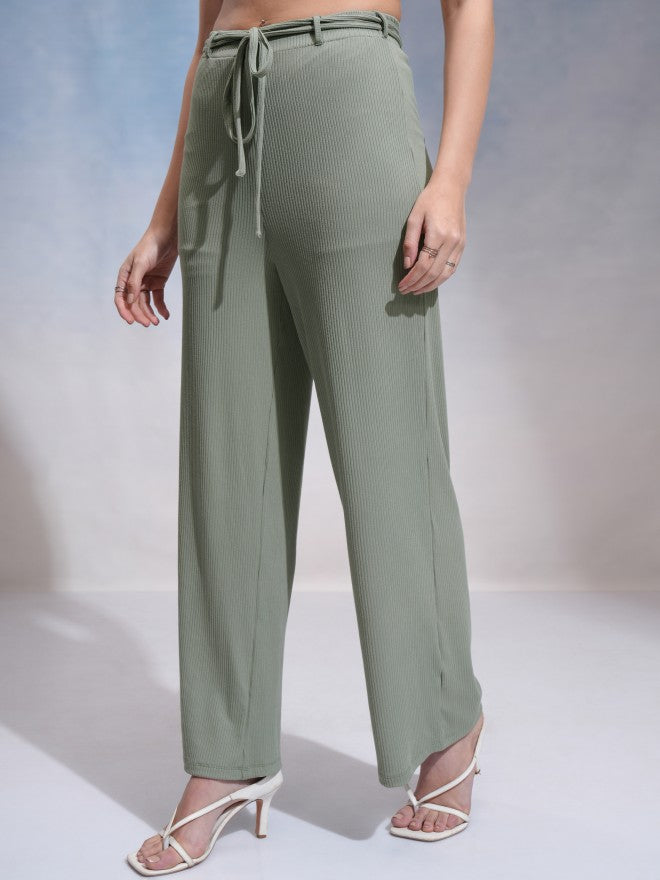 Tokyo Talkies Women Olive Solid Flared Casual Trouser - Olive - Image 4