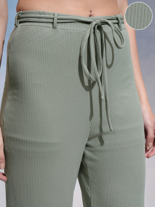 Tokyo Talkies Women Olive Solid Flared Casual Trouser - Olive - Image 5