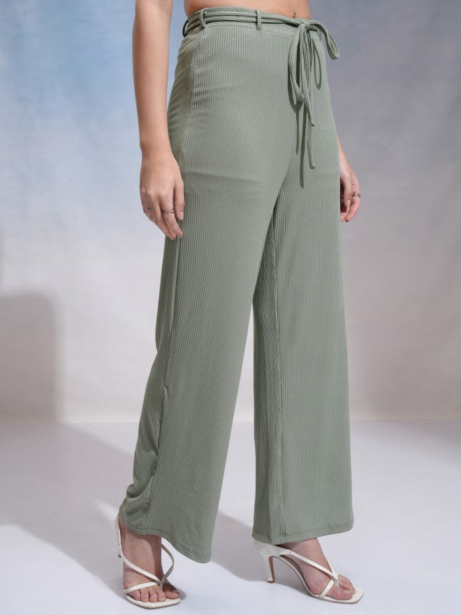 Tokyo Talkies Women Olive Solid Flared Casual Trouser - Olive - Image 6