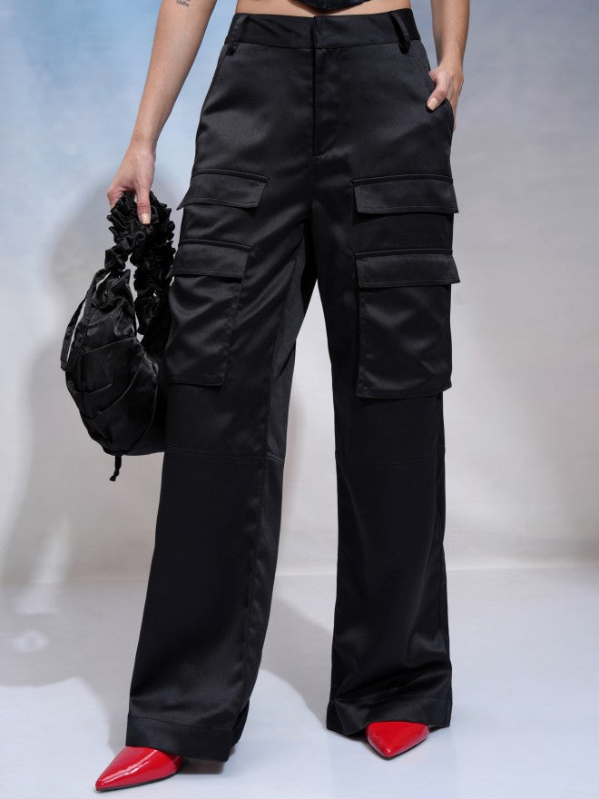 Tokyo Talkies Women Black Solid Regular Fit Cargos - Black - Image 1
