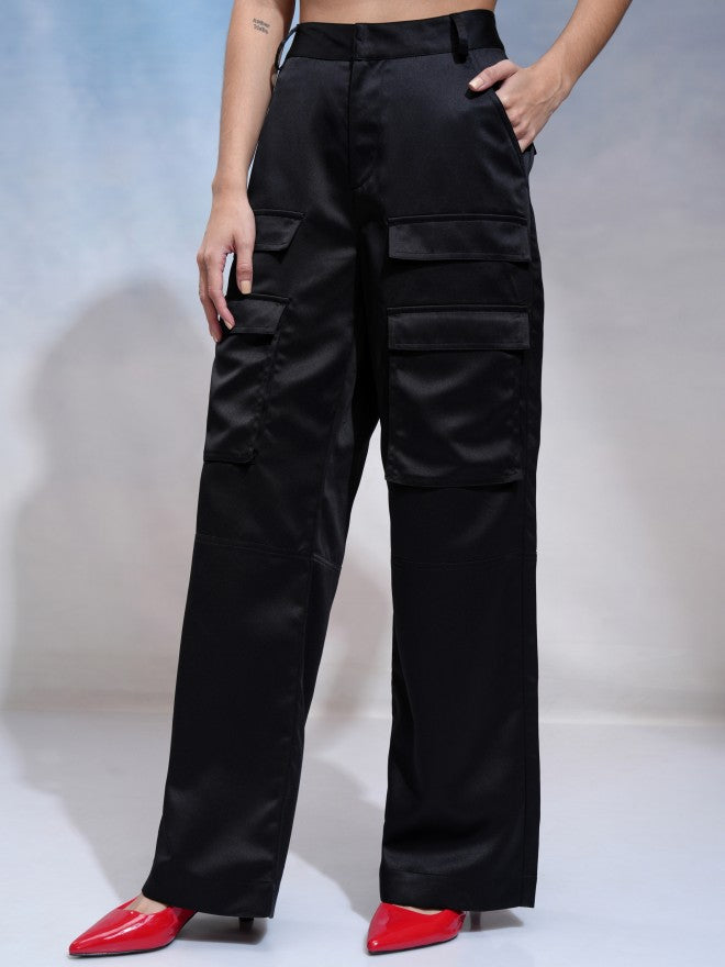 Tokyo Talkies Women Black Solid Regular Fit Cargos - Black - Image 4