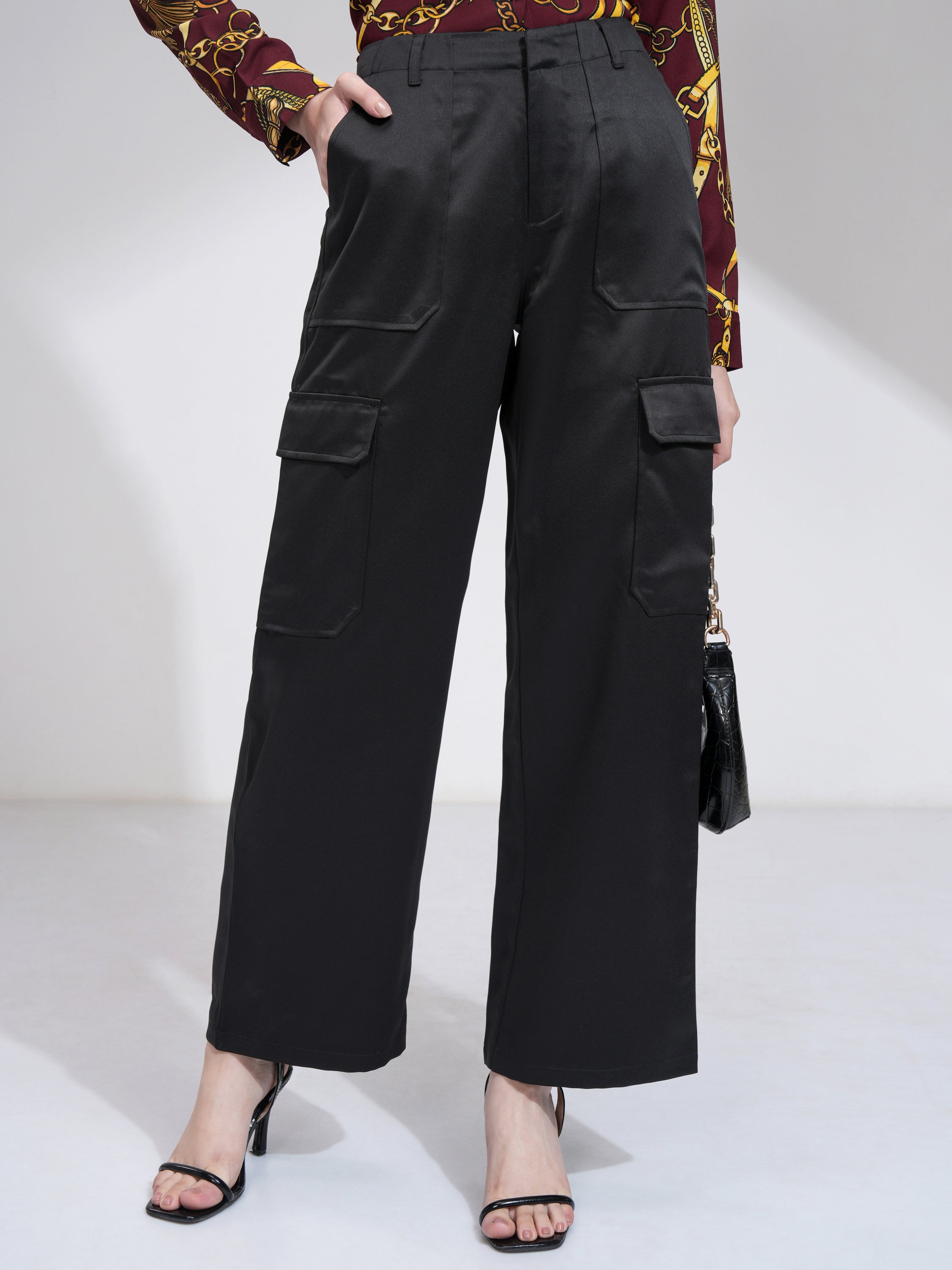Tokyo Talkies Women Black Solid Straight Fit Cargos - Black - Image 1