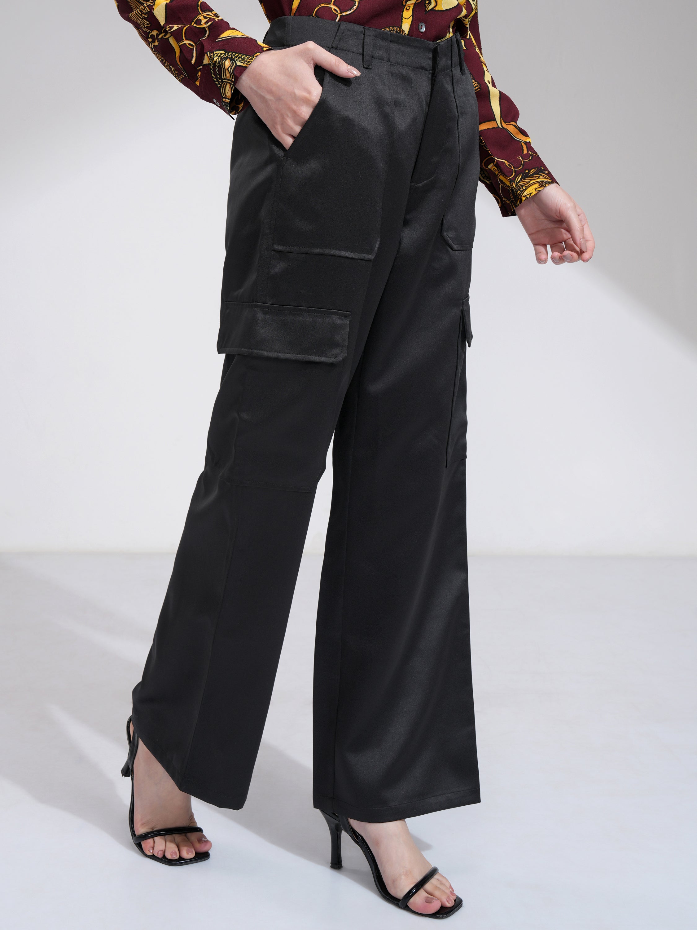 Tokyo Talkies Women Black Solid Straight Fit Cargos - Black - Image 6