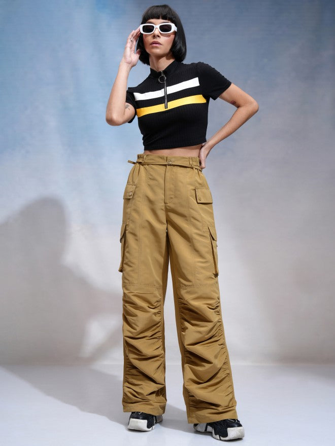 Tokyo Talkies Women Khaki Solid Regular Fit Cargos - Khaki - Image 2