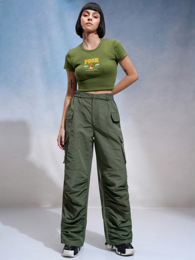 Tokyo Talkies Women Green Solid Regular Fit Cargos - Green - Image 2