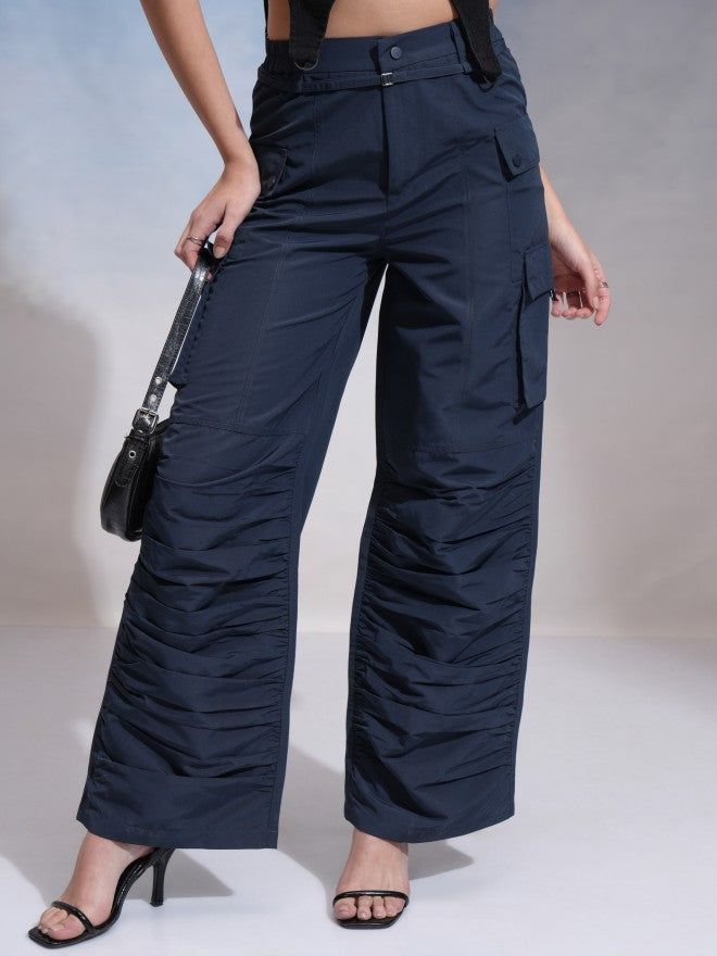 Tokyo Talkies Women Navy Blue Solid Flared Cargos - Navy Blue - Image 1