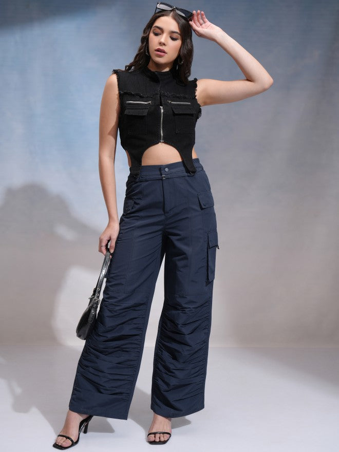 Tokyo Talkies Women Navy Blue Solid Flared Cargos - Navy Blue - Image 2