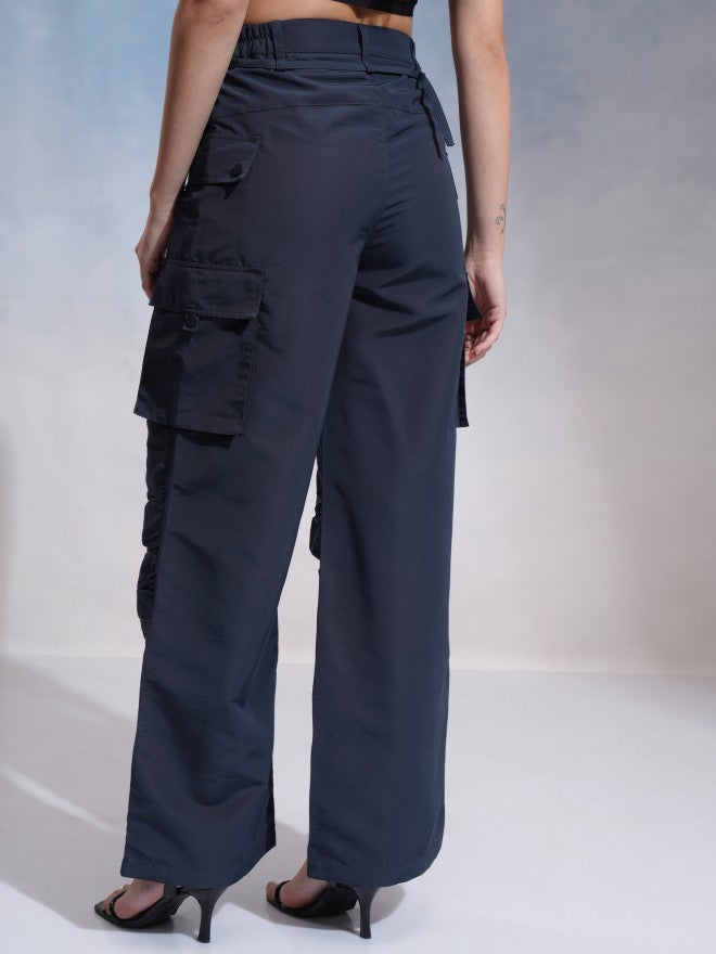 Tokyo Talkies Women Navy Blue Solid Flared Cargos - Navy Blue - Image 3