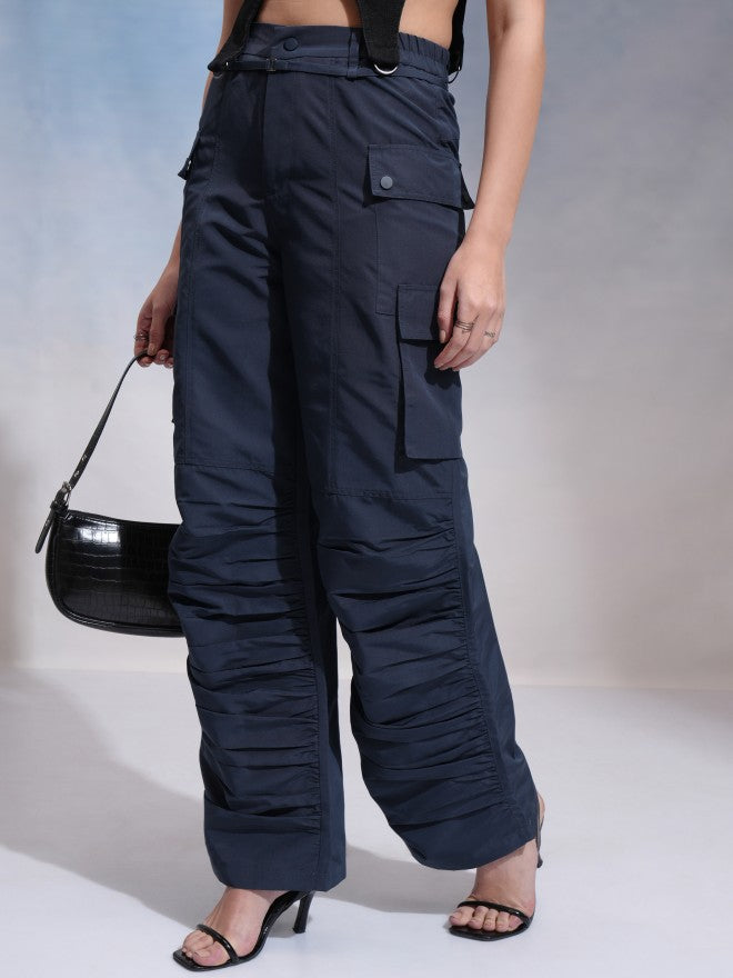 Tokyo Talkies Women Navy Blue Solid Flared Cargos - Navy Blue - Image 4