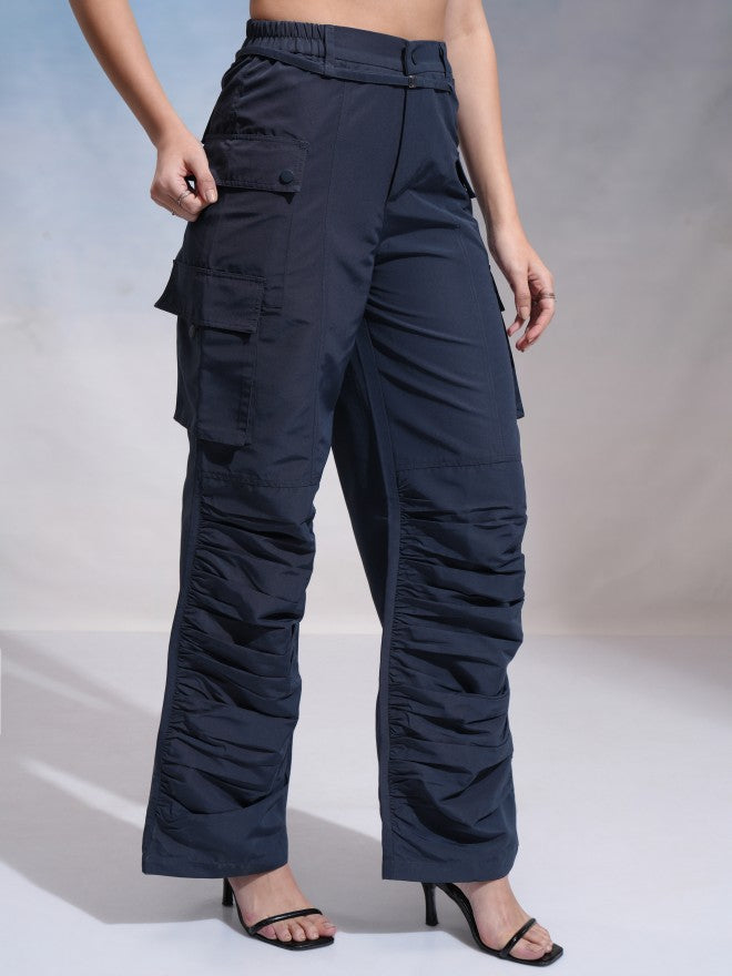 Tokyo Talkies Women Navy Blue Solid Flared Cargos - Navy Blue - Image 6