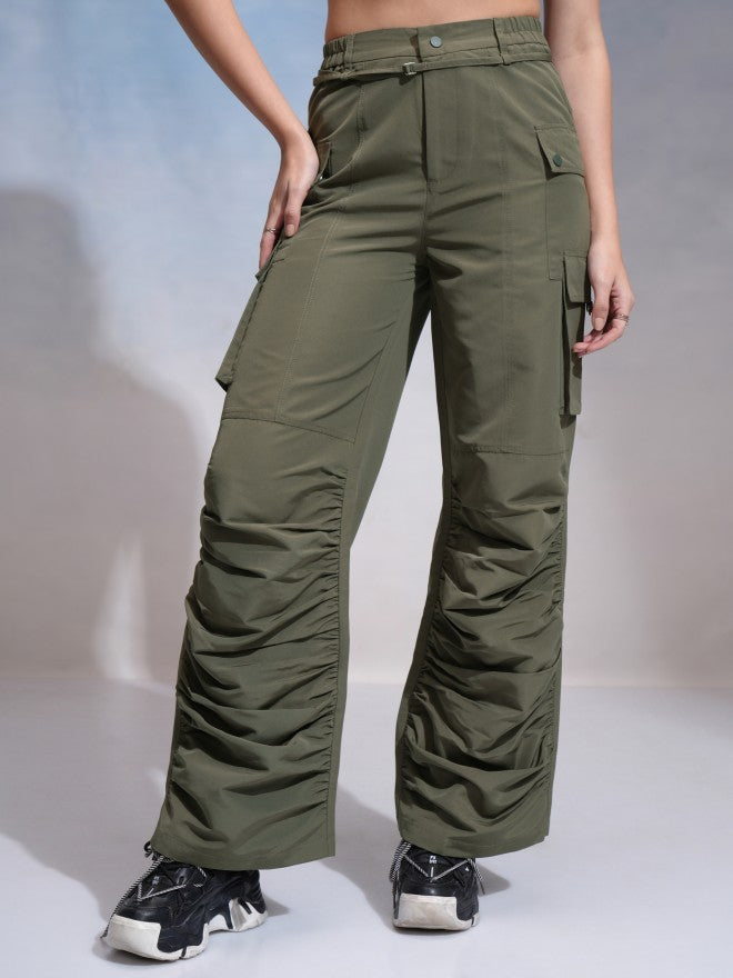 Tokyo Talkies Women Green Solid Flared Cargos - Green - Image 1