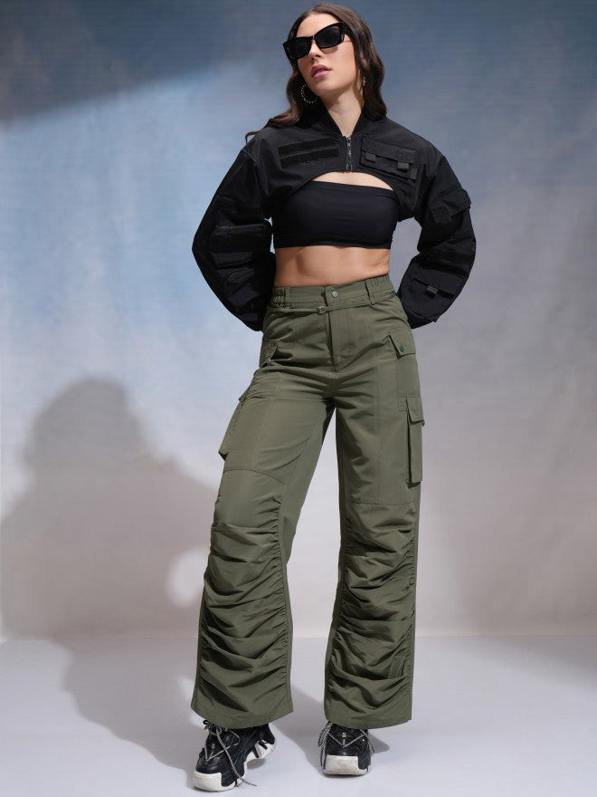 Tokyo Talkies Women Green Solid Flared Cargos - Green - Image 2
