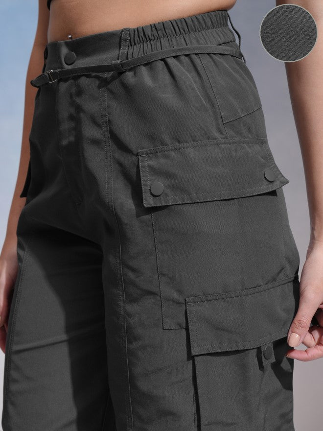 Tokyo Talkies Women Grey Solid Flared Cargos - Grey - Image 5