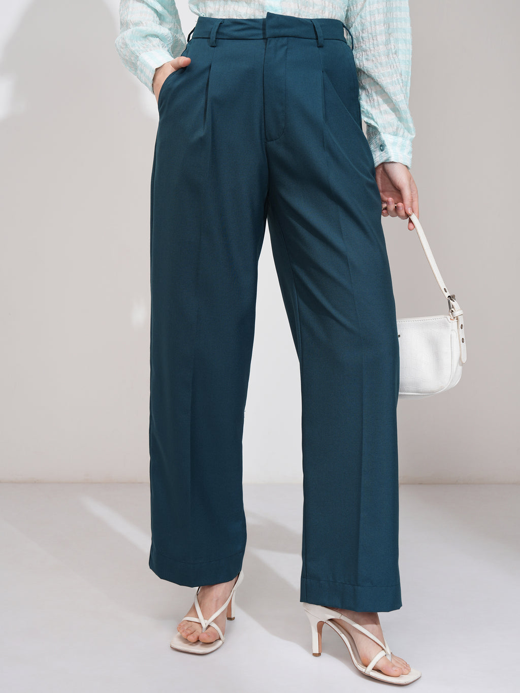 Tokyo Talkies Women Teal Solid Wide Leg Casual Trouser - Teal - Image 1