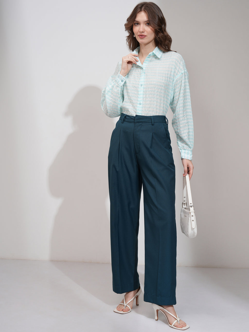 Tokyo Talkies Women Teal Solid Wide Leg Casual Trouser - Teal - Image 2