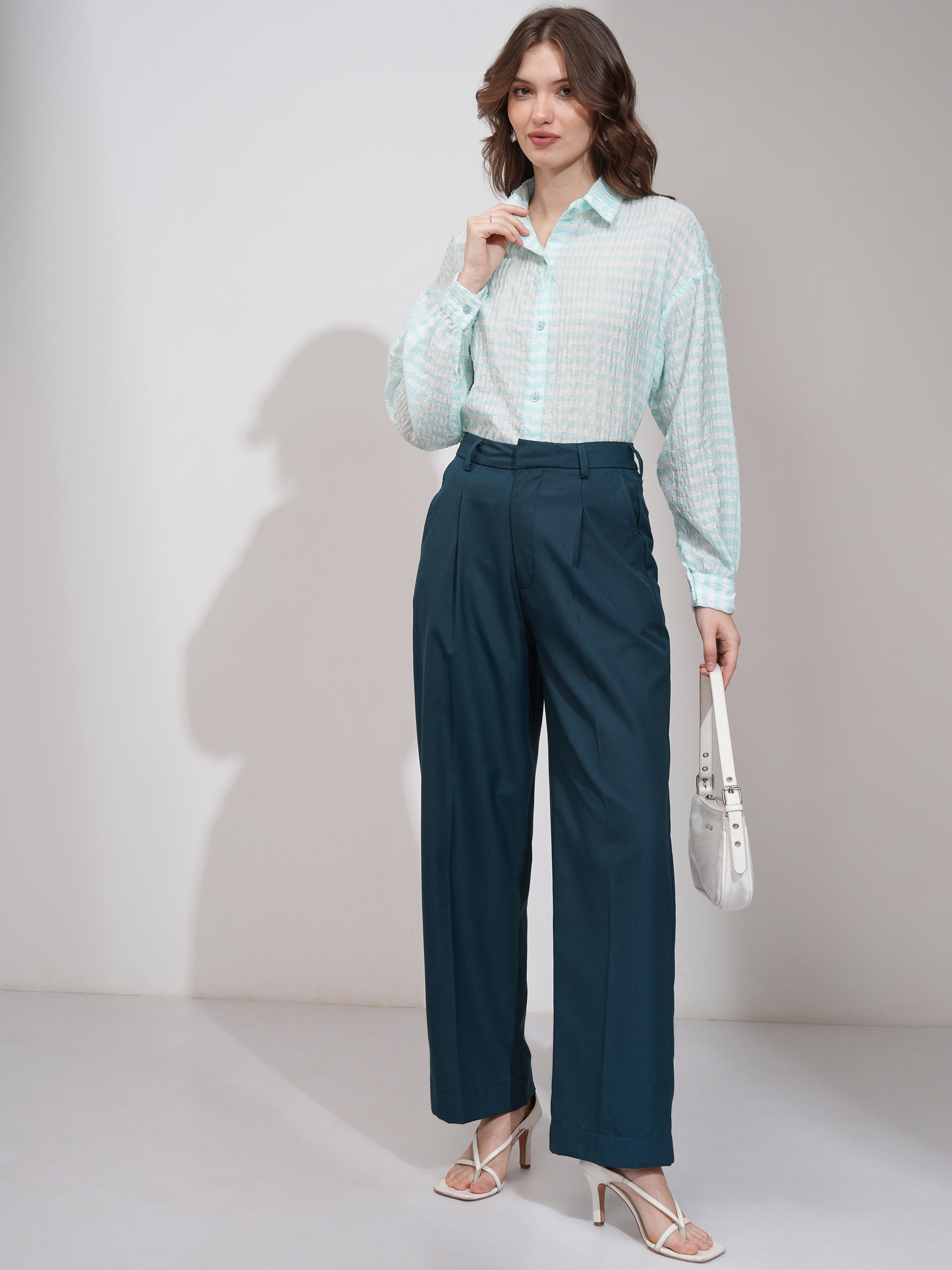 Tokyo Talkies Women Teal Solid Wide Leg Casual Trouser - Teal - Image 2