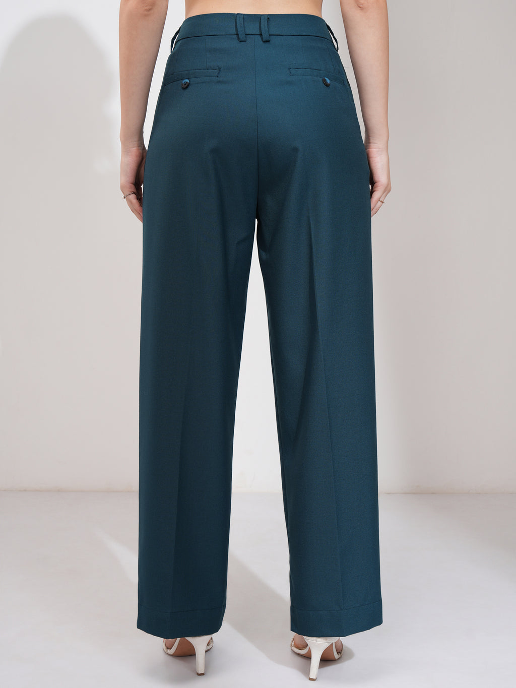 Tokyo Talkies Women Teal Solid Wide Leg Casual Trouser - Teal - Image 3