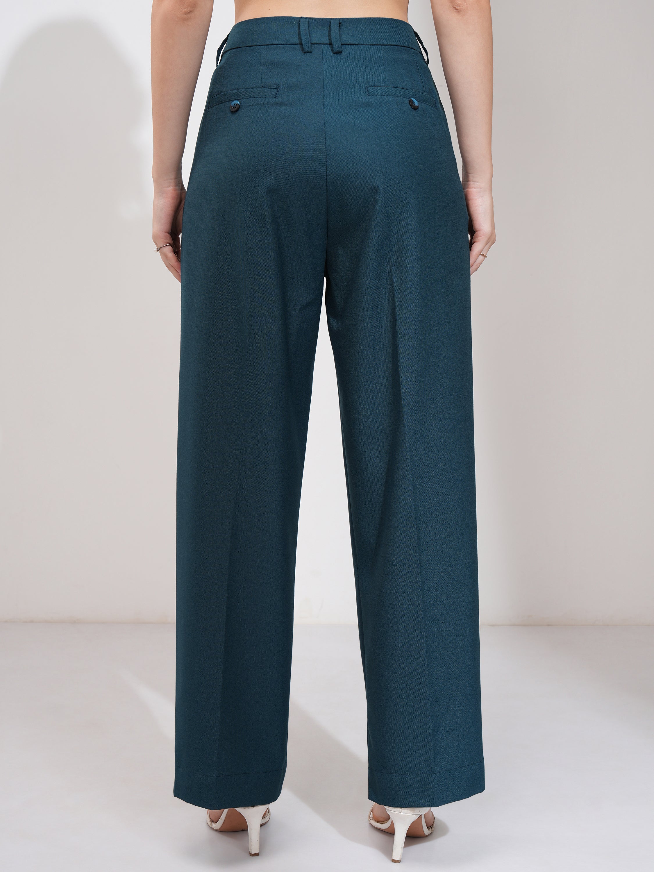 Tokyo Talkies Women Teal Solid Wide Leg Casual Trouser - Teal - Image 3