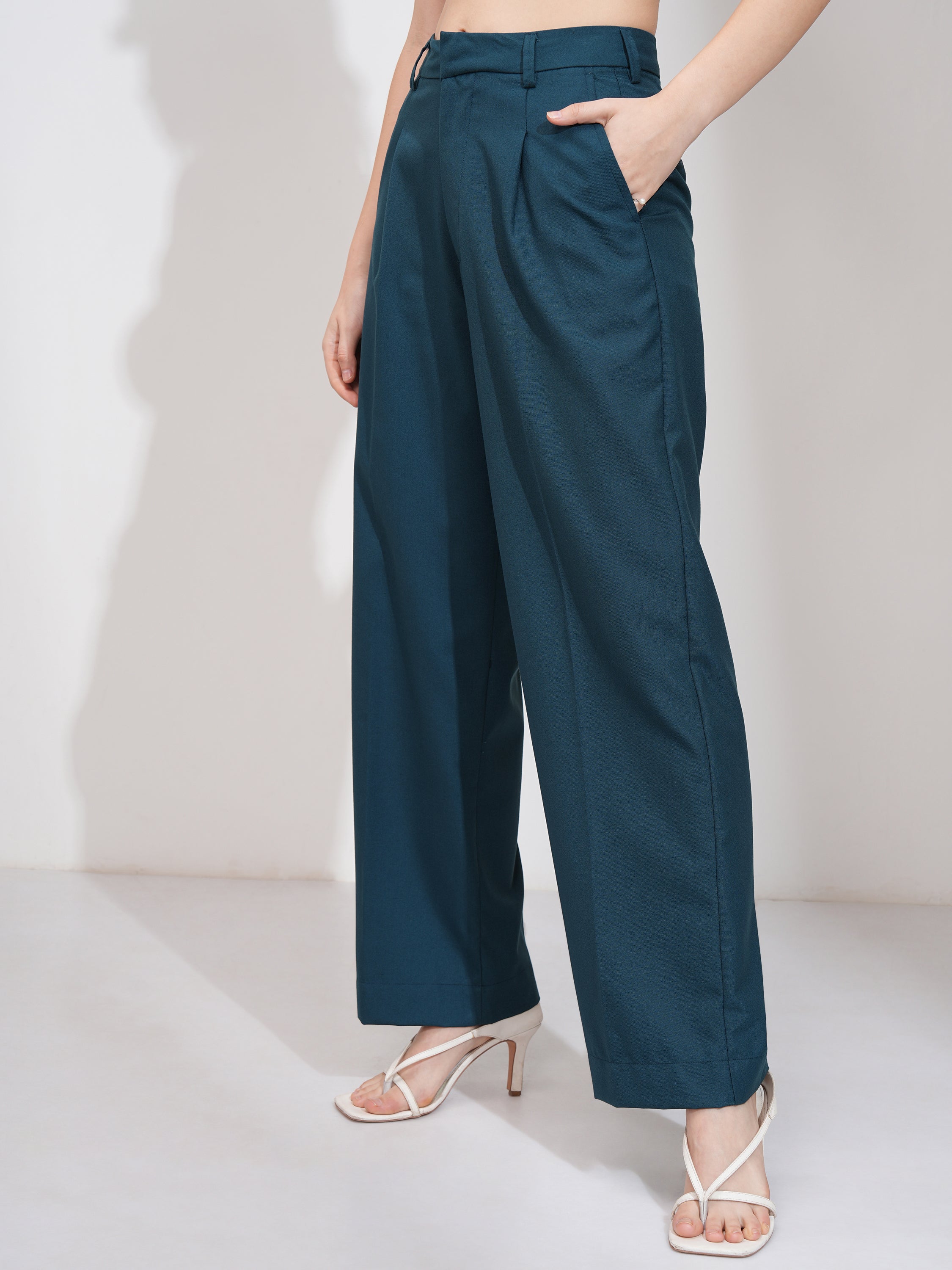 Tokyo Talkies Women Teal Solid Wide Leg Casual Trouser - Teal - Image 4