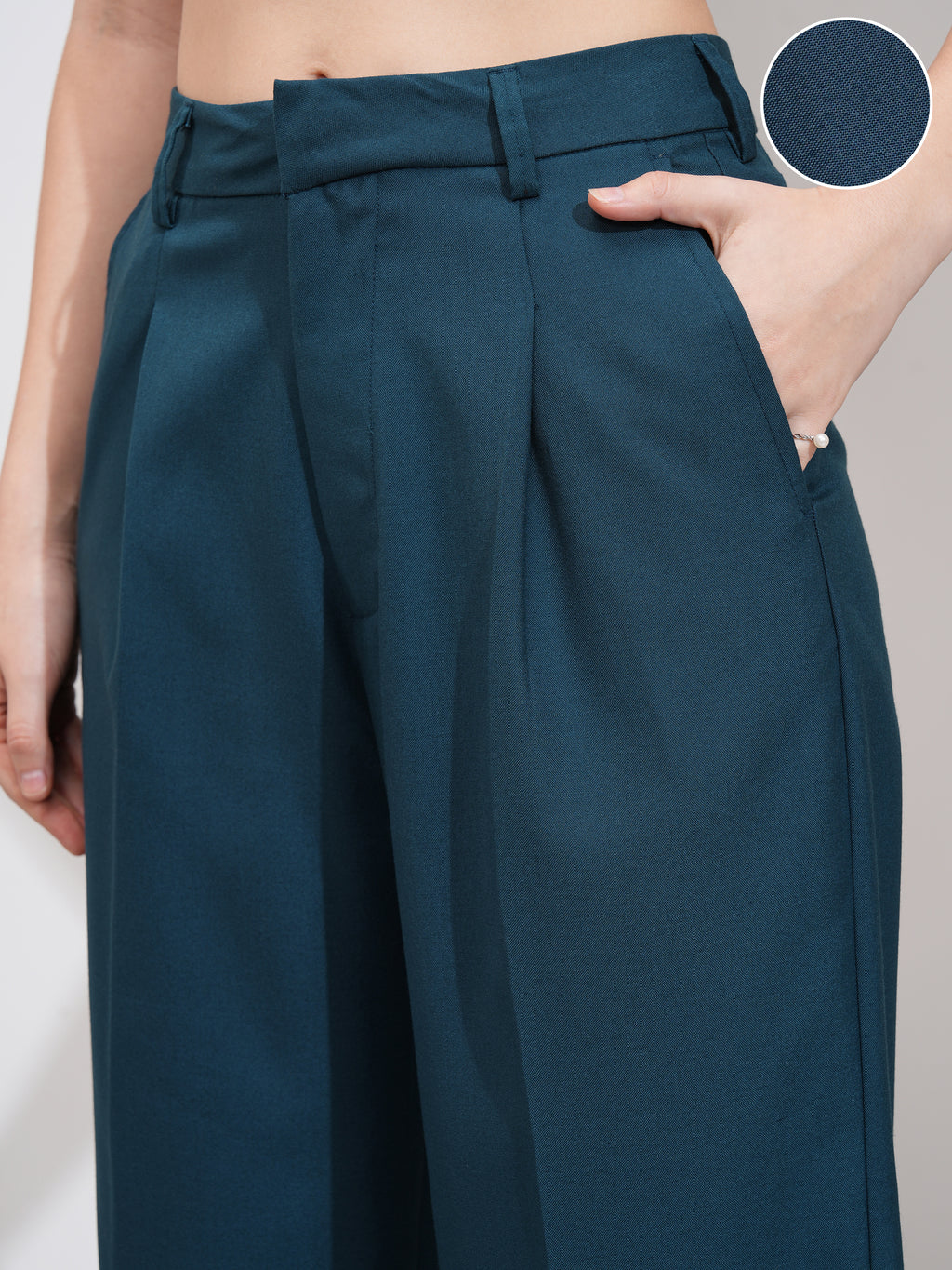 Tokyo Talkies Women Teal Solid Wide Leg Casual Trouser - Teal - Image 5