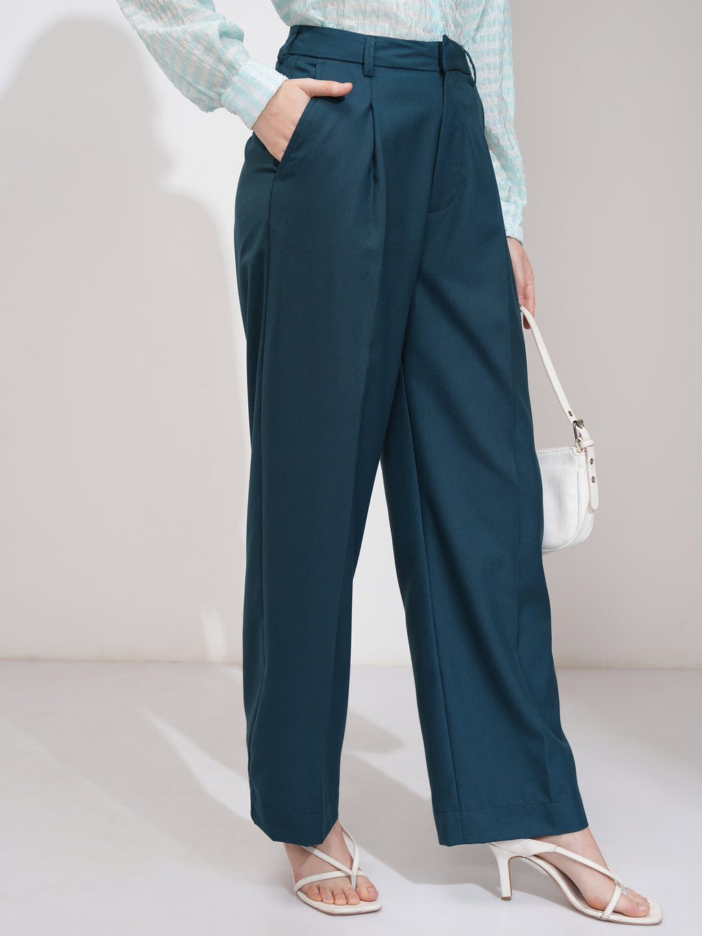 Tokyo Talkies Women Teal Solid Wide Leg Casual Trouser - Teal - Image 6