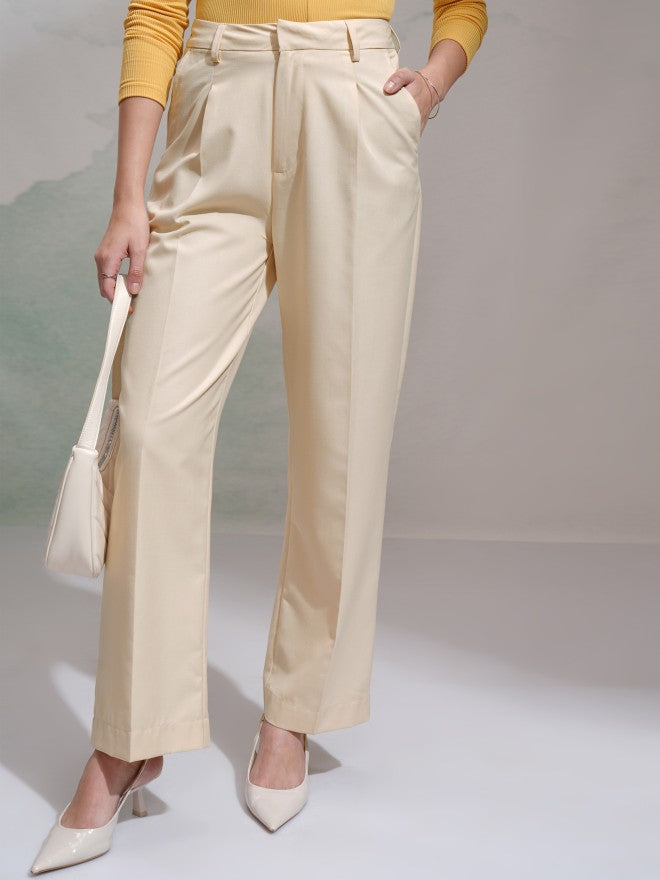 Tokyo Talkies Women Beige Solid Wide Leg Casual Trouser - Beige - Image 1