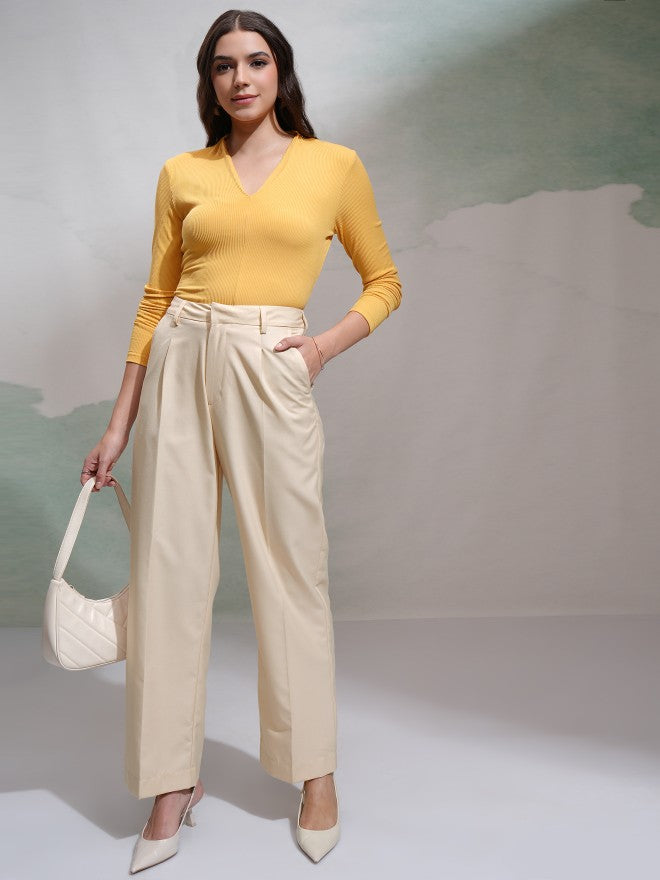 Tokyo Talkies Women Beige Solid Wide Leg Casual Trouser - Beige - Image 2