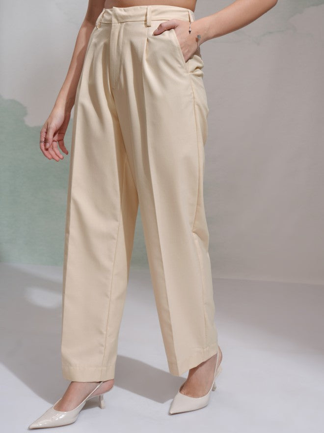 Tokyo Talkies Women Beige Solid Wide Leg Casual Trouser - Beige - Image 4
