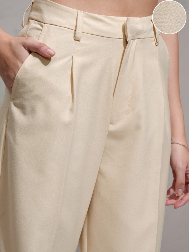 Tokyo Talkies Women Beige Solid Wide Leg Casual Trouser - Beige - Image 5